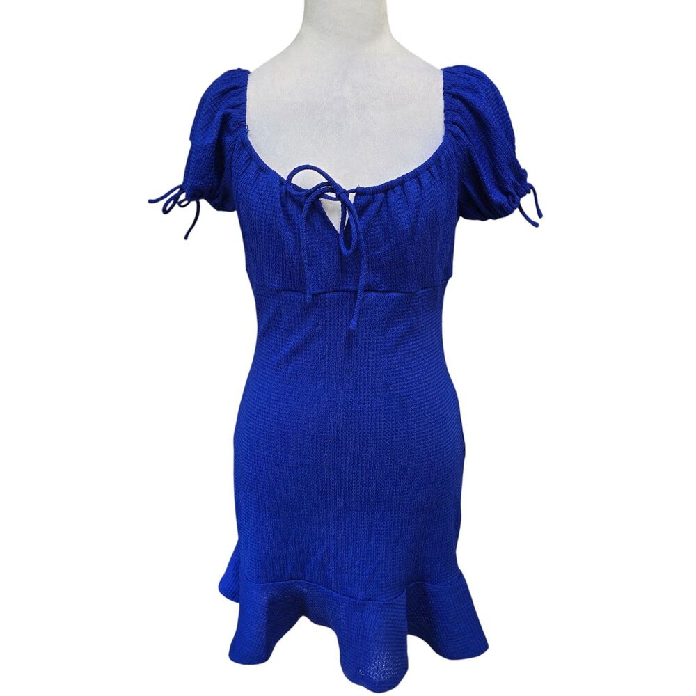 Royal Blue Puff Sleeve Mini Dress Tie Front Ruffle Hem Cottagecore Romantic Y2K